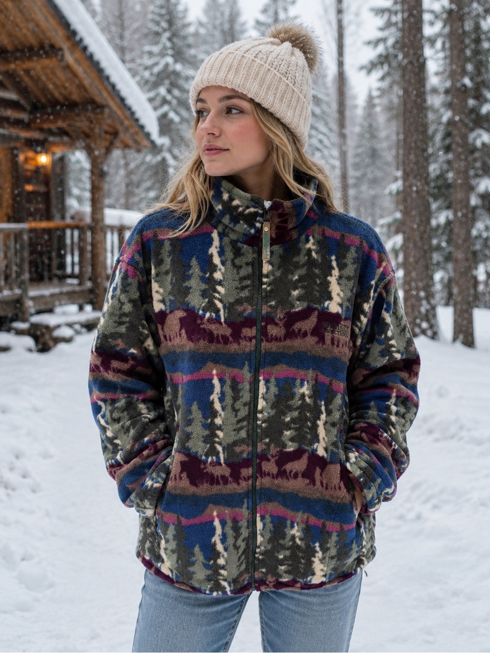 Vintage 90s Northern Reflections All Over Print Fleece Jacket Moose Forest Bear